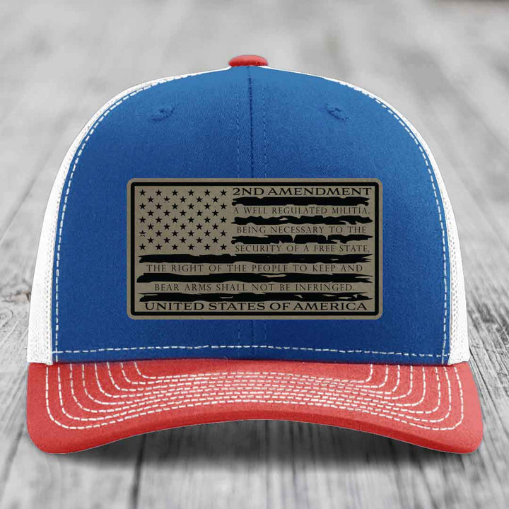 American Flag 2nd Amendment - Leather Patch Hat - Light Brown to Black Patch - Richardson 112 Snapback Trucker Hat
