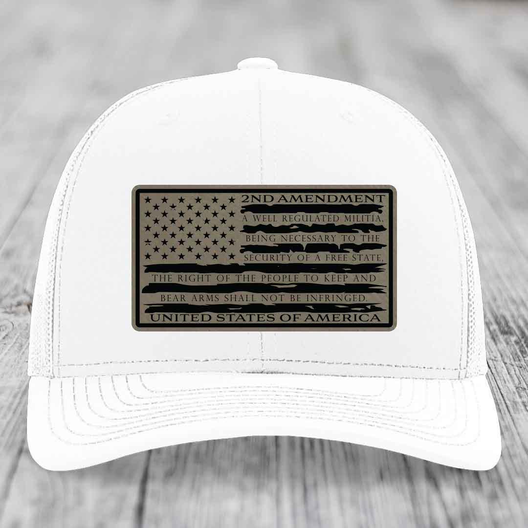American Flag 2nd Amendment - Leather Patch Hat - Light Brown to Black Patch - Richardson 112 Snapback Trucker Hat