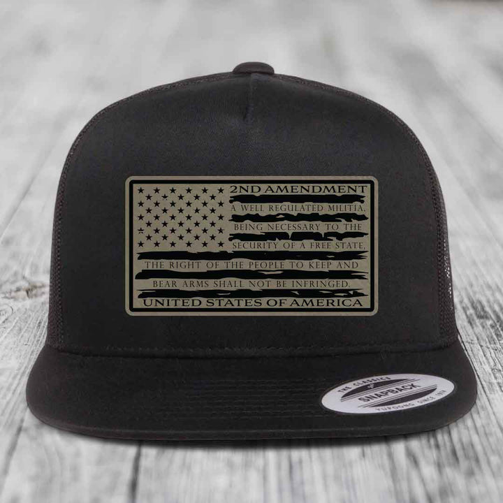 American Flag 2nd Amendment - Leather Patch Hat - Light Brown to Black Patch - Yupoong 6006 Snapback Flatbill Hat