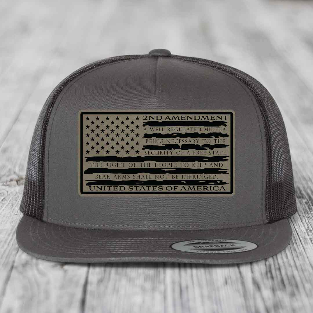 American Flag 2nd Amendment - Leather Patch Hat - Light Brown to Black Patch - Yupoong 6006 Snapback Flatbill Hat