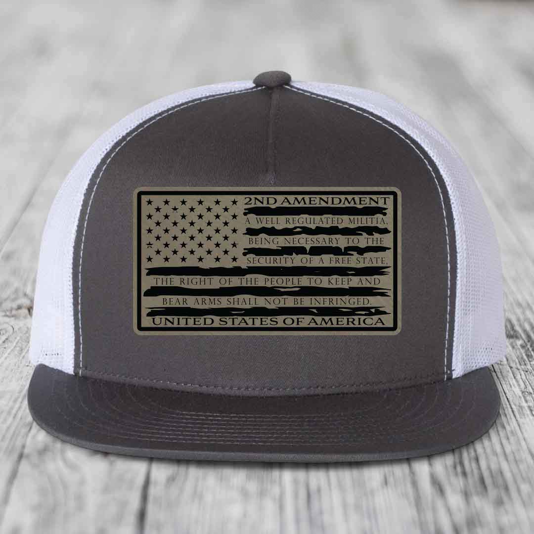 American Flag 2nd Amendment - Leather Patch Hat - Light Brown to Black Patch - Yupoong 6006 Snapback Flatbill Hat