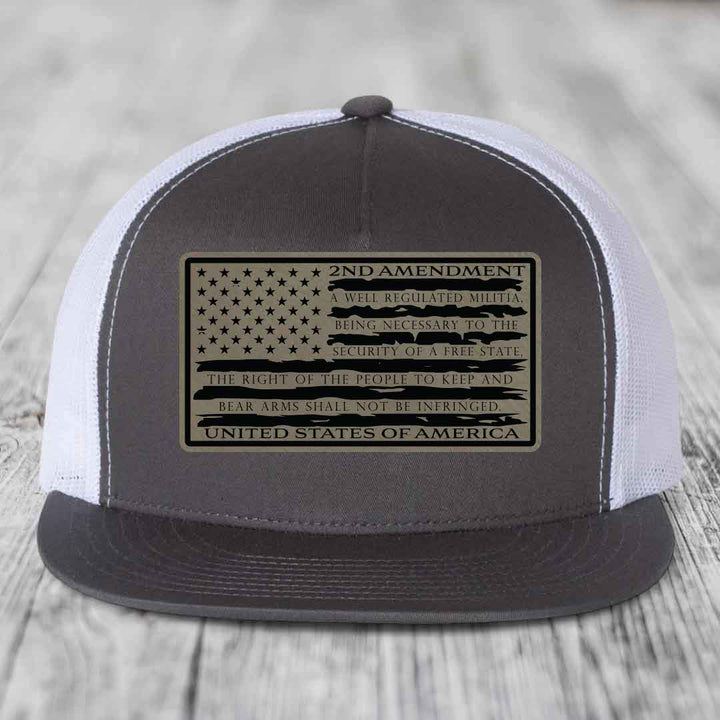 American Flag 2nd Amendment - Leather Patch Hat - Light Brown to Black Patch - Yupoong 6006 Snapback Flatbill Hat