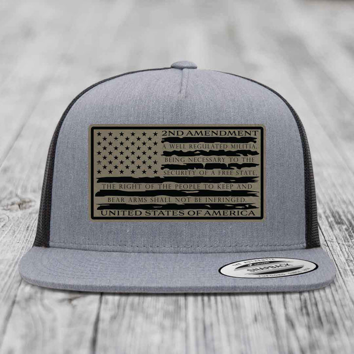 American Flag 2nd Amendment - Leather Patch Hat - Light Brown to Black Patch - Yupoong 6006 Snapback Flatbill Hat