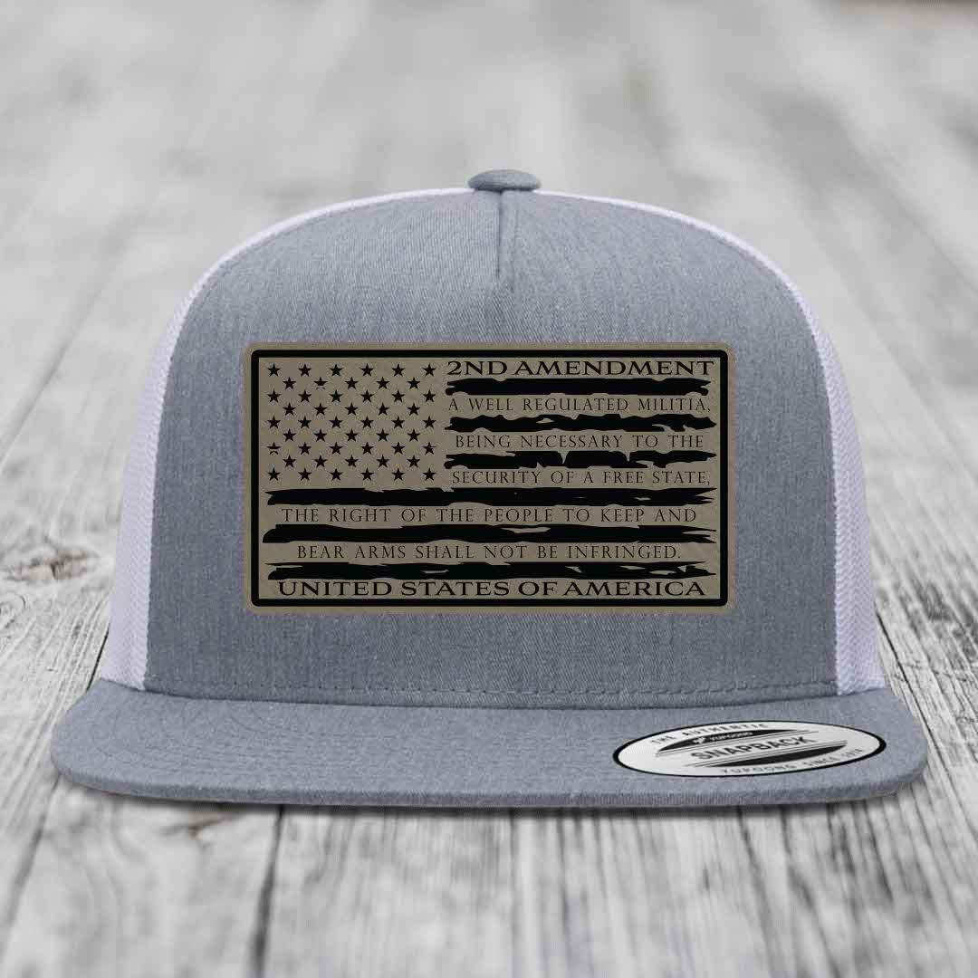 American Flag 2nd Amendment - Leather Patch Hat - Light Brown to Black Patch - Yupoong 6006 Snapback Flatbill Hat