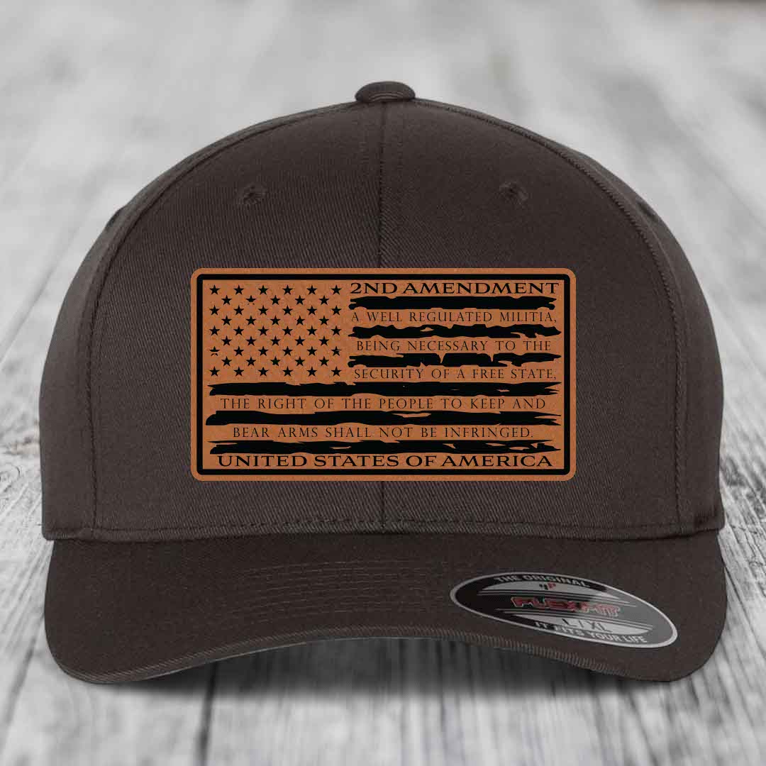 American Flag 2nd Amendment - Leather Patch Hat - Rawhide to Black Patch - Flexfit 6277 Fitted Hat