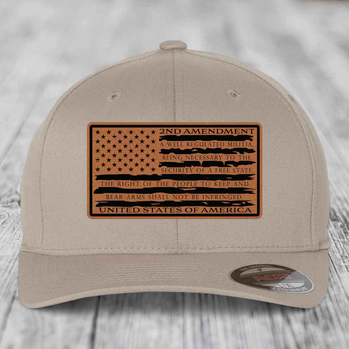 American Flag 2nd Amendment - Leather Patch Hat - Rawhide to Black Patch - Flexfit 6277 Fitted Hat
