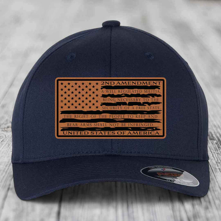 American Flag 2nd Amendment - Leather Patch Hat - Rawhide to Black Patch - Flexfit 6277 Fitted Hat