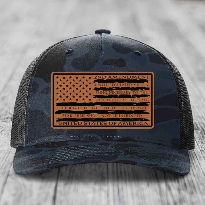 American Flag 2nd Amendment - Leather Patch Hat - Rawhide to Black Patch - Richardson 112PFP Snapback Trucker Hat
