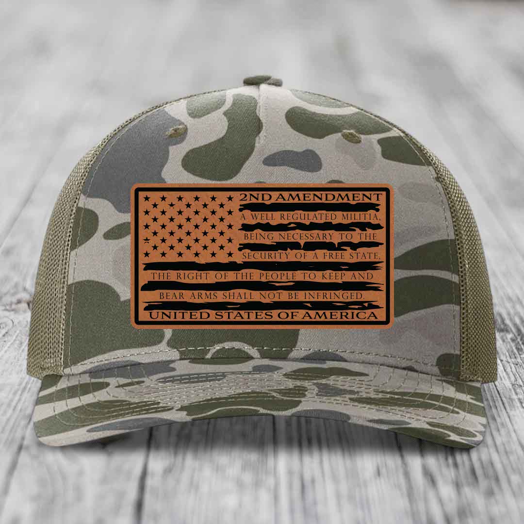American Flag 2nd Amendment - Leather Patch Hat - Rawhide to Black Patch - Richardson 112PFP Snapback Trucker Hat