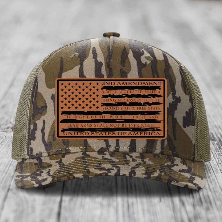 American Flag 2nd Amendment - Leather Patch Hat - Rawhide to Black Patch - Richardson 112PFP Snapback Trucker Hat