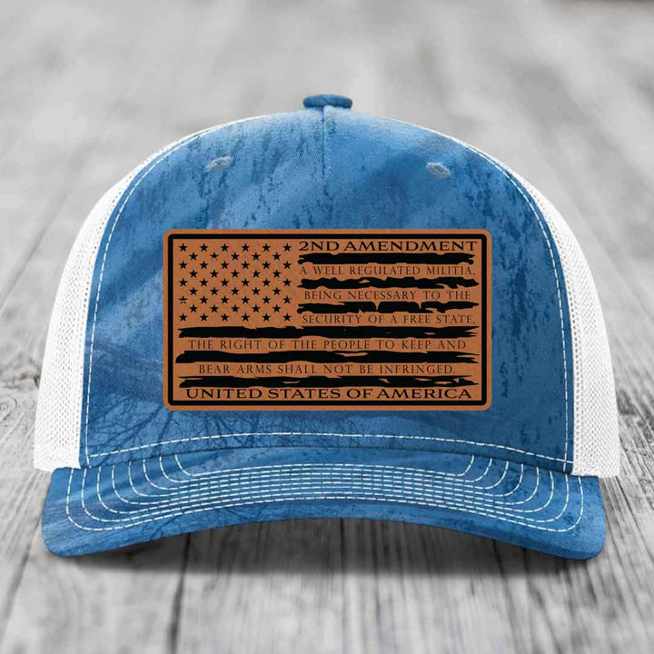 American Flag 2nd Amendment - Leather Patch Hat - Rawhide to Black Patch - Richardson 112PFP Snapback Trucker Hat