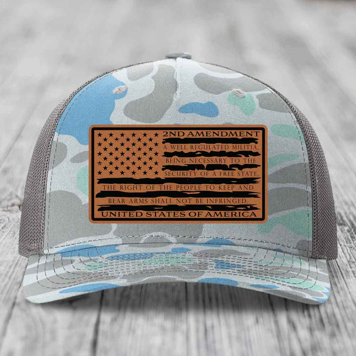 American Flag 2nd Amendment - Leather Patch Hat - Rawhide to Black Patch - Richardson 112PFP Snapback Trucker Hat