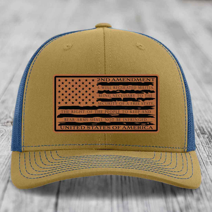 American Flag 2nd Amendment - Leather Patch Hat - Rawhide to Black Patch - Richardson 112 Snapback Trucker Hat