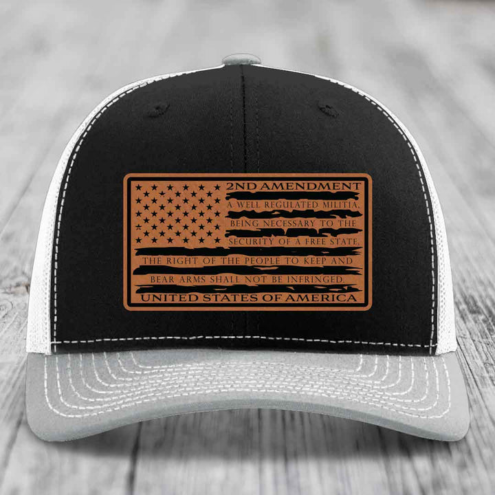 American Flag 2nd Amendment - Leather Patch Hat - Rawhide to Black Patch - Richardson 112 Snapback Trucker Hat