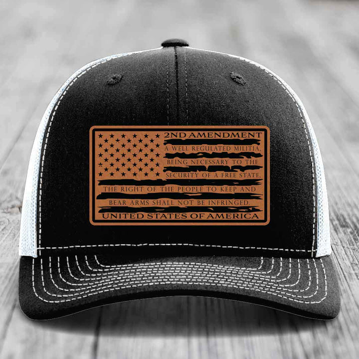 American Flag 2nd Amendment - Leather Patch Hat - Rawhide to Black Patch - Richardson 112 Snapback Trucker Hat