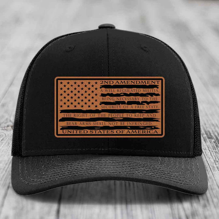 American Flag 2nd Amendment - Leather Patch Hat - Rawhide to Black Patch - Richardson 112 Snapback Trucker Hat