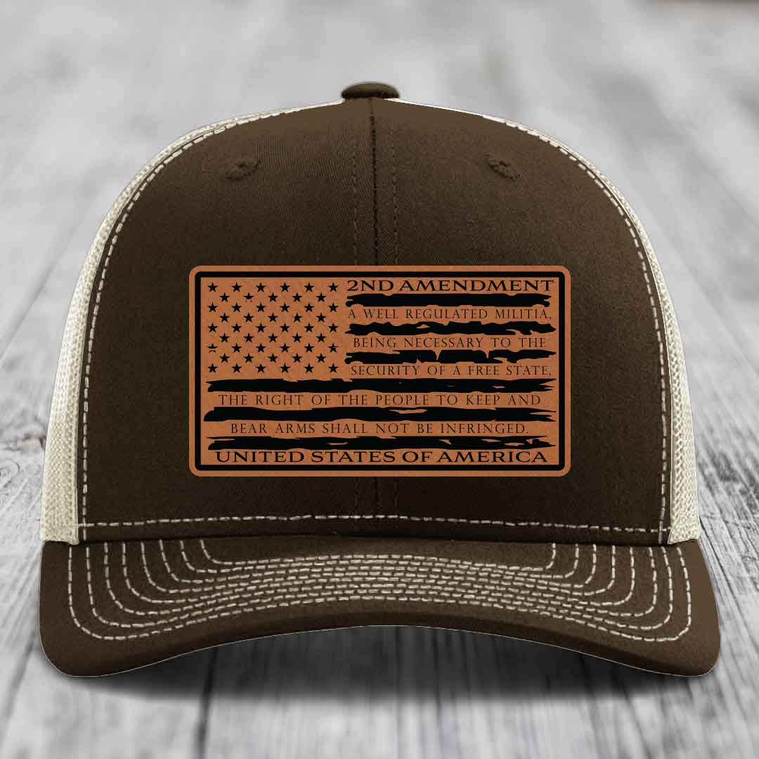 American Flag 2nd Amendment - Leather Patch Hat - Rawhide to Black Patch - Richardson 112 Snapback Trucker Hat