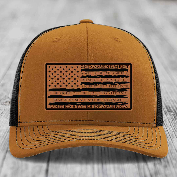 American Flag 2nd Amendment - Leather Patch Hat - Rawhide to Black Patch - Richardson 112 Snapback Trucker Hat