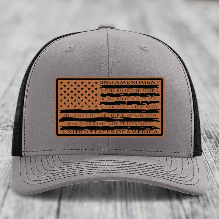 American Flag 2nd Amendment - Leather Patch Hat - Rawhide to Black Patch - Richardson 112 Snapback Trucker Hat
