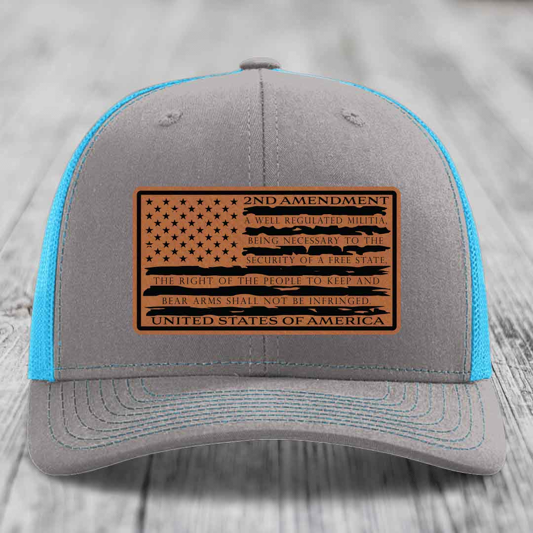 American Flag 2nd Amendment - Leather Patch Hat - Rawhide to Black Patch - Richardson 112 Snapback Trucker Hat