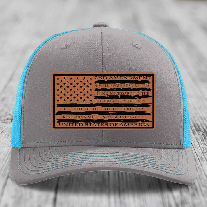 American Flag 2nd Amendment - Leather Patch Hat - Rawhide to Black Patch - Richardson 112 Snapback Trucker Hat