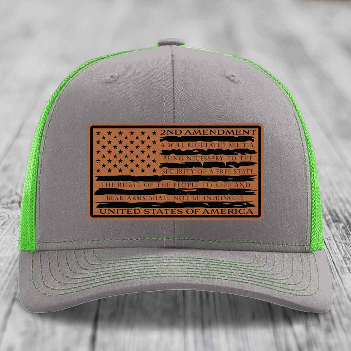 American Flag 2nd Amendment - Leather Patch Hat - Rawhide to Black Patch - Richardson 112 Snapback Trucker Hat