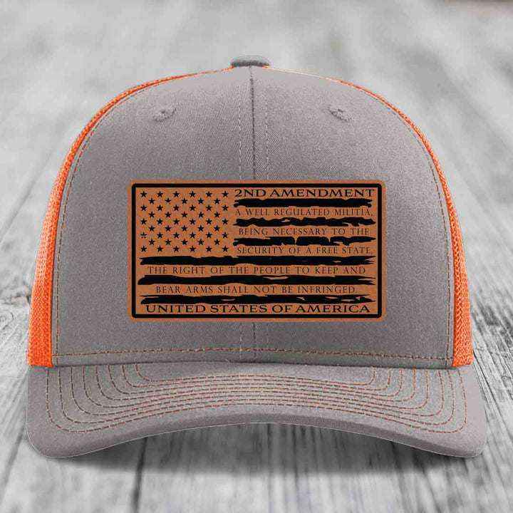 American Flag 2nd Amendment - Leather Patch Hat - Rawhide to Black Patch - Richardson 112 Snapback Trucker Hat