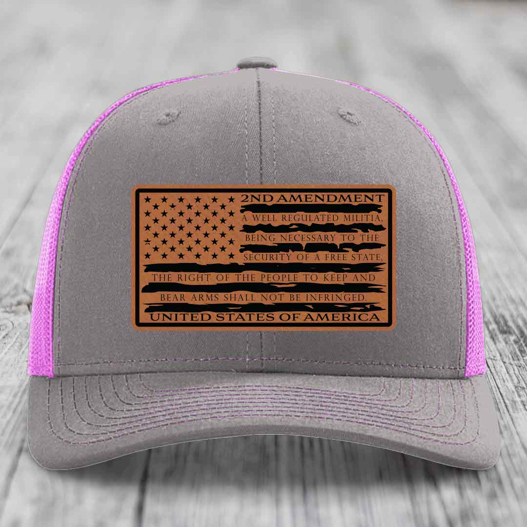 American Flag 2nd Amendment - Leather Patch Hat - Rawhide to Black Patch - Richardson 112 Snapback Trucker Hat
