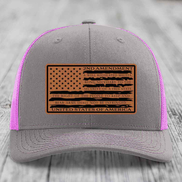 American Flag 2nd Amendment - Leather Patch Hat - Rawhide to Black Patch - Richardson 112 Snapback Trucker Hat