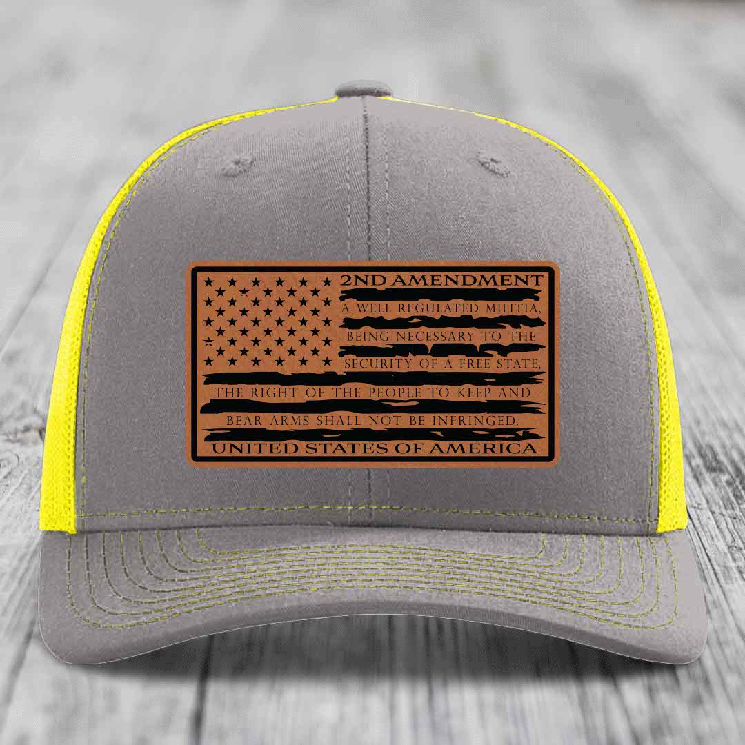 American Flag 2nd Amendment - Leather Patch Hat - Rawhide to Black Patch - Richardson 112 Snapback Trucker Hat