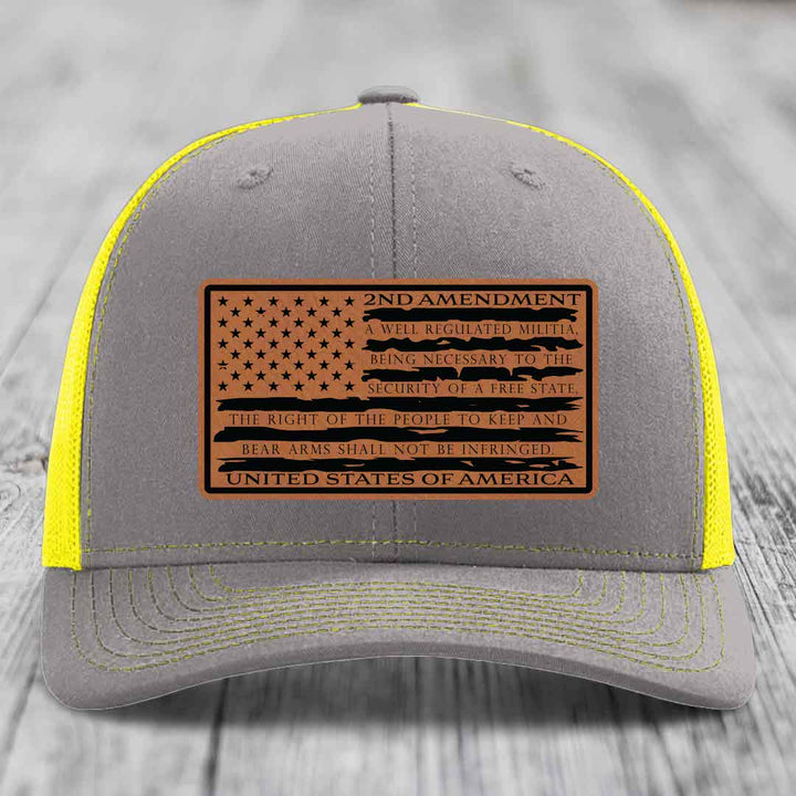 American Flag 2nd Amendment - Leather Patch Hat - Rawhide to Black Patch - Richardson 112 Snapback Trucker Hat