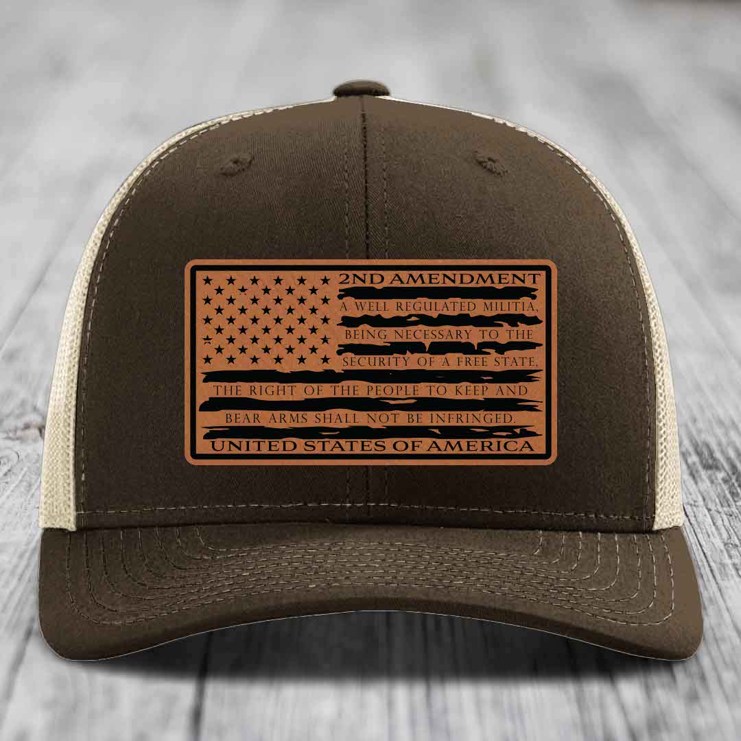 American Flag 2nd Amendment - Leather Patch Hat - Rawhide to Black Patch - Richardson 112 Snapback Trucker Hat