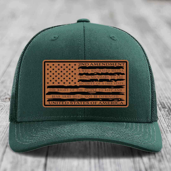 American Flag 2nd Amendment - Leather Patch Hat - Rawhide to Black Patch - Richardson 112 Snapback Trucker Hat