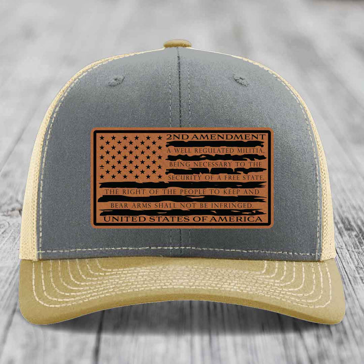 American Flag 2nd Amendment - Leather Patch Hat - Rawhide to Black Patch - Richardson 112 Snapback Trucker Hat