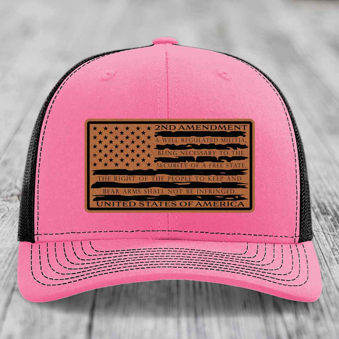American Flag 2nd Amendment - Leather Patch Hat - Rawhide to Black Patch - Richardson 112 Snapback Trucker Hat