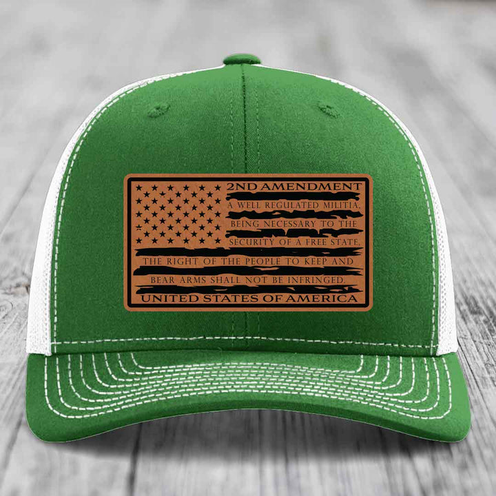 American Flag 2nd Amendment - Leather Patch Hat - Rawhide to Black Patch - Richardson 112 Snapback Trucker Hat