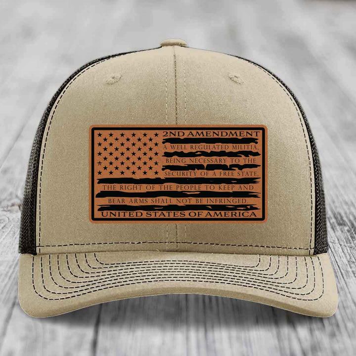 American Flag 2nd Amendment - Leather Patch Hat - Rawhide to Black Patch - Richardson 112 Snapback Trucker Hat