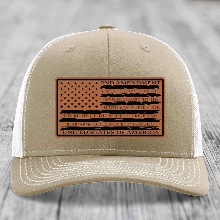 American Flag 2nd Amendment - Leather Patch Hat - Rawhide to Black Patch - Richardson 112 Snapback Trucker Hat