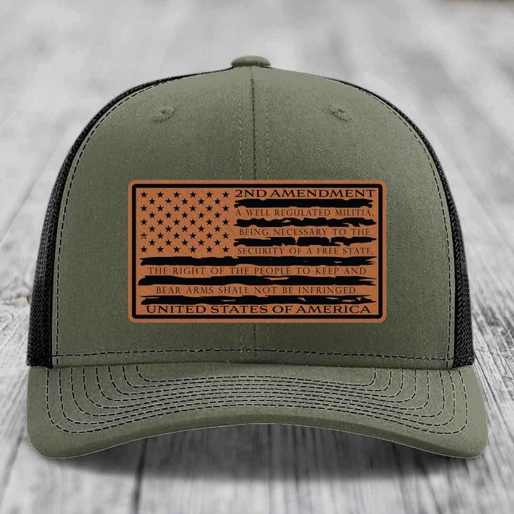 American Flag 2nd Amendment - Leather Patch Hat - Rawhide to Black Patch - Richardson 112 Snapback Trucker Hat