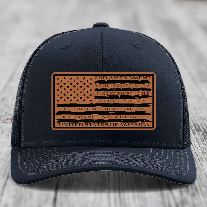 American Flag 2nd Amendment - Leather Patch Hat - Rawhide to Black Patch - Richardson 112 Snapback Trucker Hat