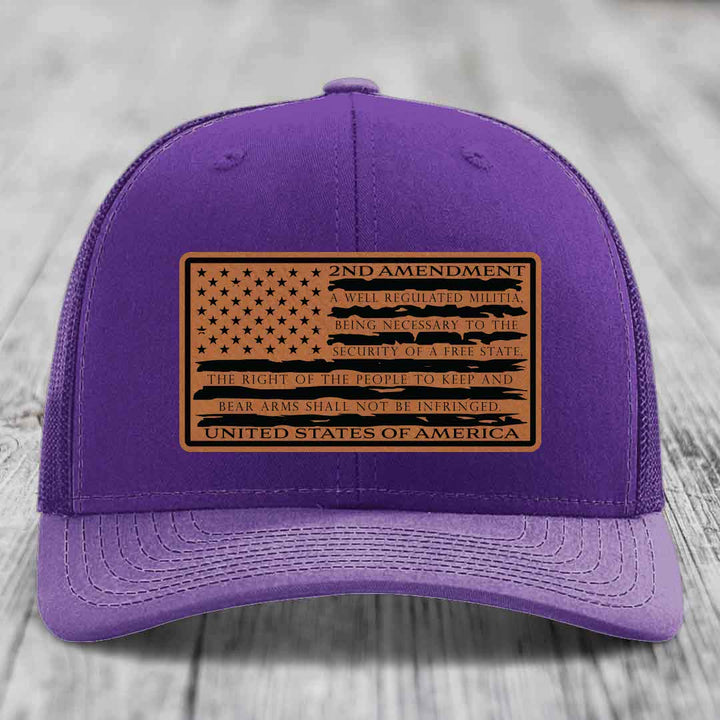 American Flag 2nd Amendment - Leather Patch Hat - Rawhide to Black Patch - Richardson 112 Snapback Trucker Hat