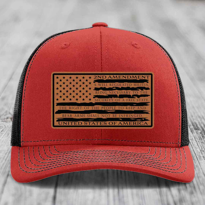 American Flag 2nd Amendment - Leather Patch Hat - Rawhide to Black Patch - Richardson 112 Snapback Trucker Hat