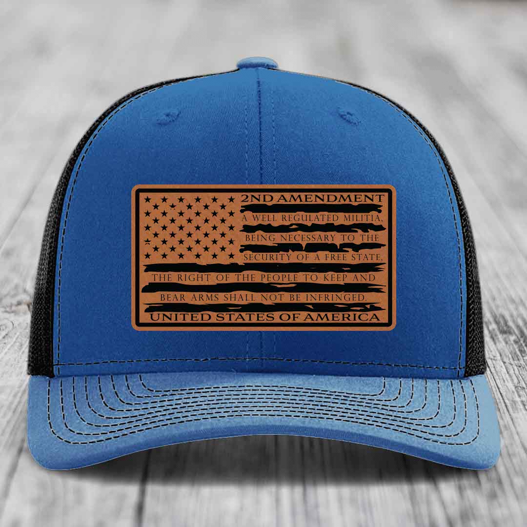 American Flag 2nd Amendment - Leather Patch Hat - Rawhide to Black Patch - Richardson 112 Snapback Trucker Hat