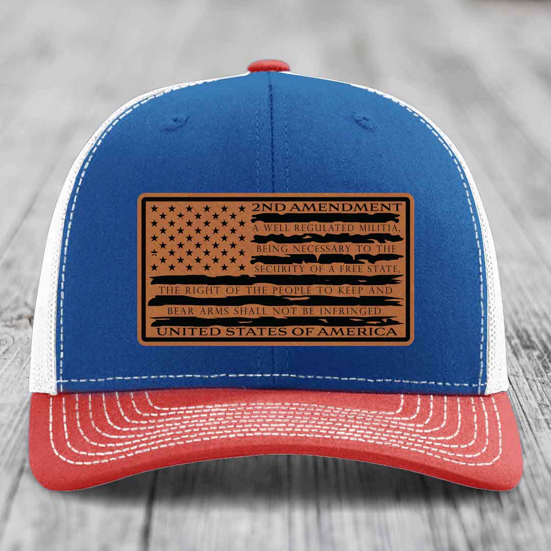 American Flag 2nd Amendment - Leather Patch Hat - Rawhide to Black Patch - Richardson 112 Snapback Trucker Hat
