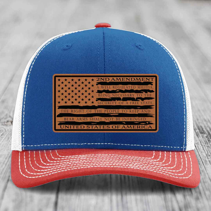 American Flag 2nd Amendment - Leather Patch Hat - Rawhide to Black Patch - Richardson 112 Snapback Trucker Hat