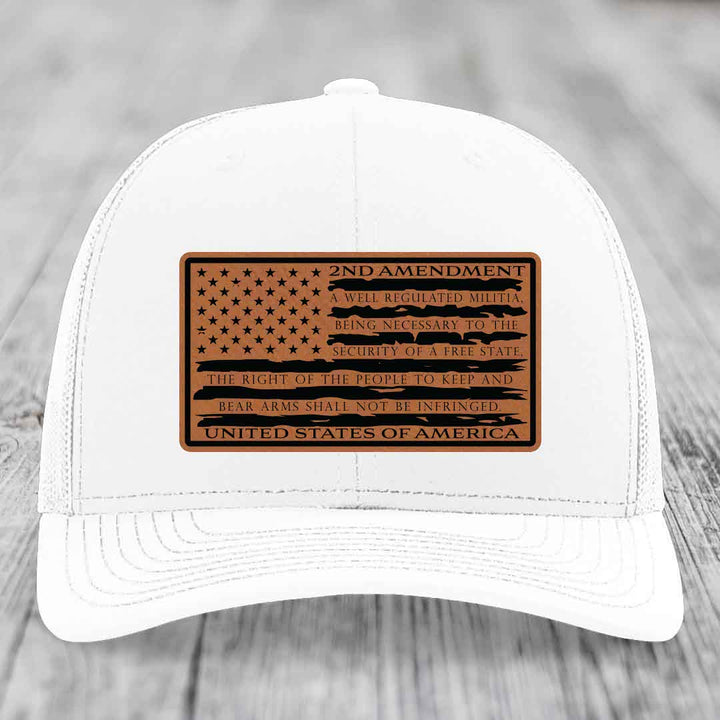 American Flag 2nd Amendment - Leather Patch Hat - Rawhide to Black Patch - Richardson 112 Snapback Trucker Hat