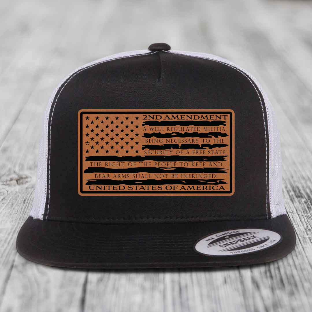 American Flag 2nd Amendment - Leather Patch Hat - Rawhide to Black Patch - Yupoong 6006 Snapback Flatbill Hat