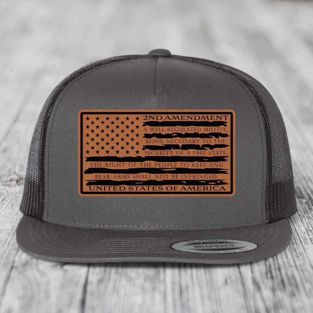 American Flag 2nd Amendment - Leather Patch Hat - Rawhide to Black Patch - Yupoong 6006 Snapback Flatbill Hat
