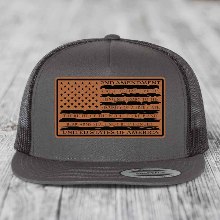 American Flag 2nd Amendment - Leather Patch Hat - Rawhide to Black Patch - Yupoong 6006 Snapback Flatbill Hat