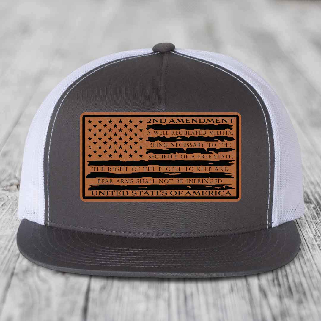 American Flag 2nd Amendment - Leather Patch Hat - Rawhide to Black Patch - Yupoong 6006 Snapback Flatbill Hat